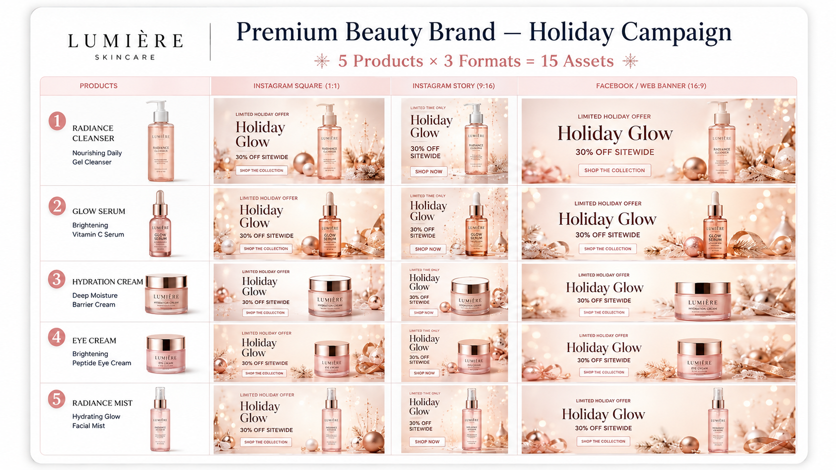 Premium skincare holiday campaign with five products in square, story, and landscape formats